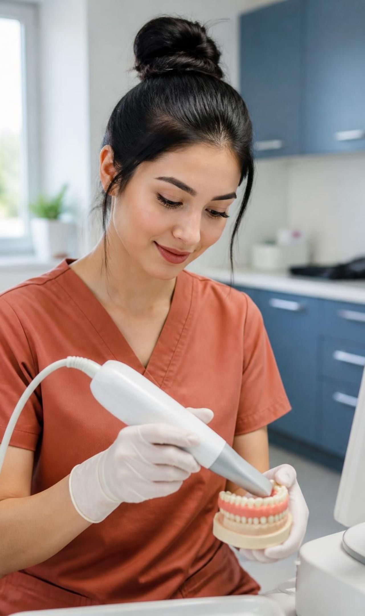 A dental professional demonstrating an intraoral scanning workflow